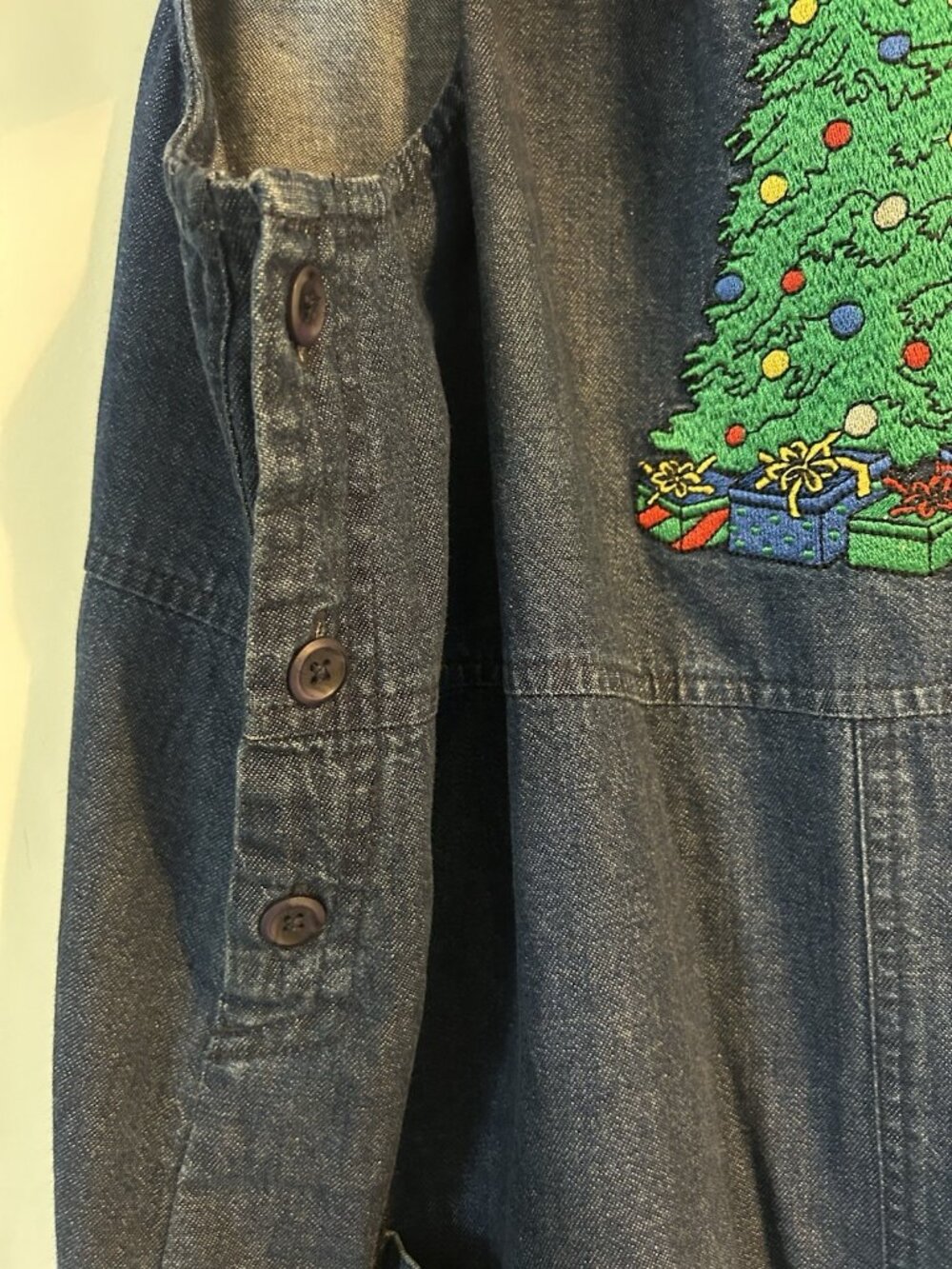 Vintage Christmas Dress Size Petite Medium Jean Denim Embroidered Midi Tacky Fun - Picture 9 of 13